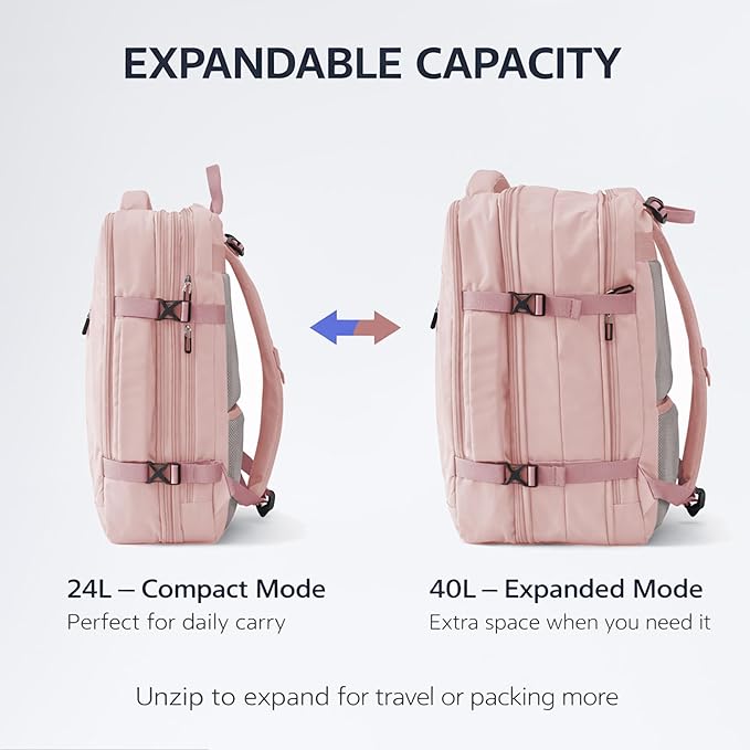 Travel Backpack, Expandable Large Capacity Business Work, Water Repellent Carry On Daypack with USB Charging Port, Fit 17 Inch Laptop, Bag for Men and Women, Pink