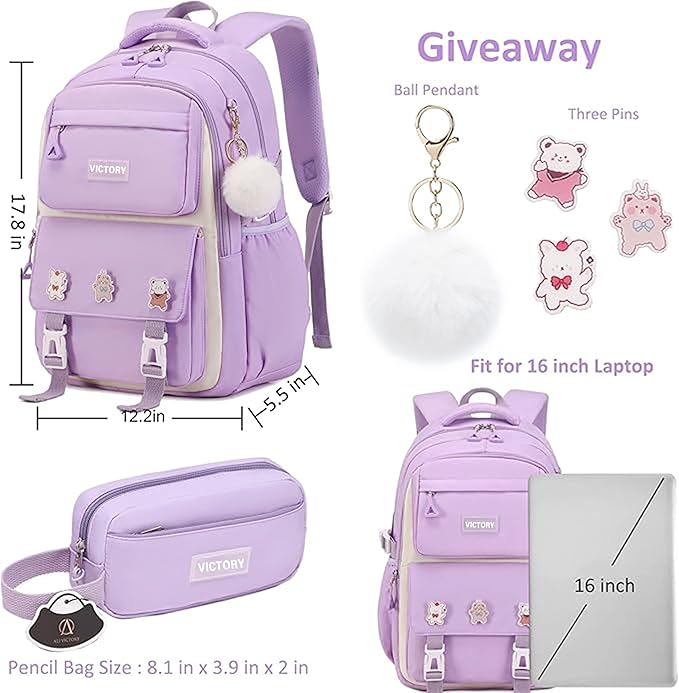 AO ALI VICTORY Backpack for Women Girls Set with Pencil Case 15.6 Inch Laptop School Bag Kids Elementary College Backpacks