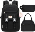 3 PCS Backpack for Teen Girls,Laptop Backpacks 15.6 Inch School Bag with Lunch Box Pencil Pouch Set for Students Aesthetic College Bookbag Travel Daypack(Black)