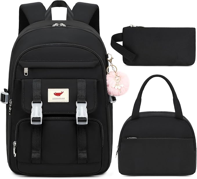 3 PCS Backpack for Teen Girls,Laptop Backpacks 15.6 Inch School Bag with Lunch Box Pencil Pouch Set for Students Aesthetic College Bookbag Travel Daypack(Black)