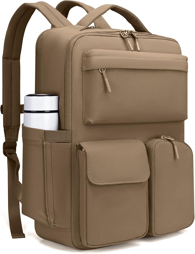FODOKO Backpack for Work, Casual Backpack for Women Men Daypack Backpack for Travel College Bookbag Separate Compartment for 15.6 Inch Notebook Brown