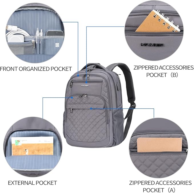 KROSER Travel Laptop Backpack 17 Inch Large Computer Backpack Water-Repellent Daypack with USB Charging Port & Headphone Interface RFID Pockets for Work/Business/College/Men/Women Dark grey(Quilted)
