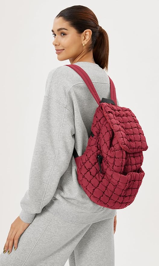 ODODOS Quilted Backpack 2.0 for Women Lightweight Puffer Hiker Pack Drawstring Padding Travel Gym Bag, True Red
