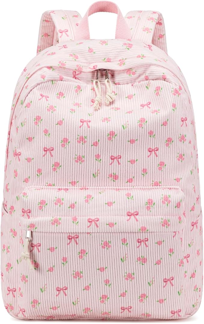 BTOOP School Backpack for Girls Teens Large Corduroy Bookbag Lightweight Casual High School College 17 inch Laptop Travel Bag (Pink Bow Floral-1)