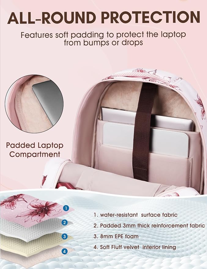 Laptop Backpack for Women, Pink Business Travel Laptops Backpack with USB Charging Hole for 17.3inch Laptop Work Bag, Sturdy Daypack Computer Backpacks Gift for Teacher Doctor Nurse College