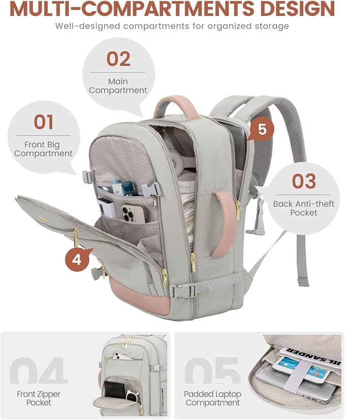 LOVEVOOK Travel Backpack for Women, 50L Carry On Backpack Flight Approved with Garment Bag, Personal Item Travel Bag Fit 17 Inch Laptop, Business Weekender Overnight Daypack With 2 Cubes, Pink-Grey