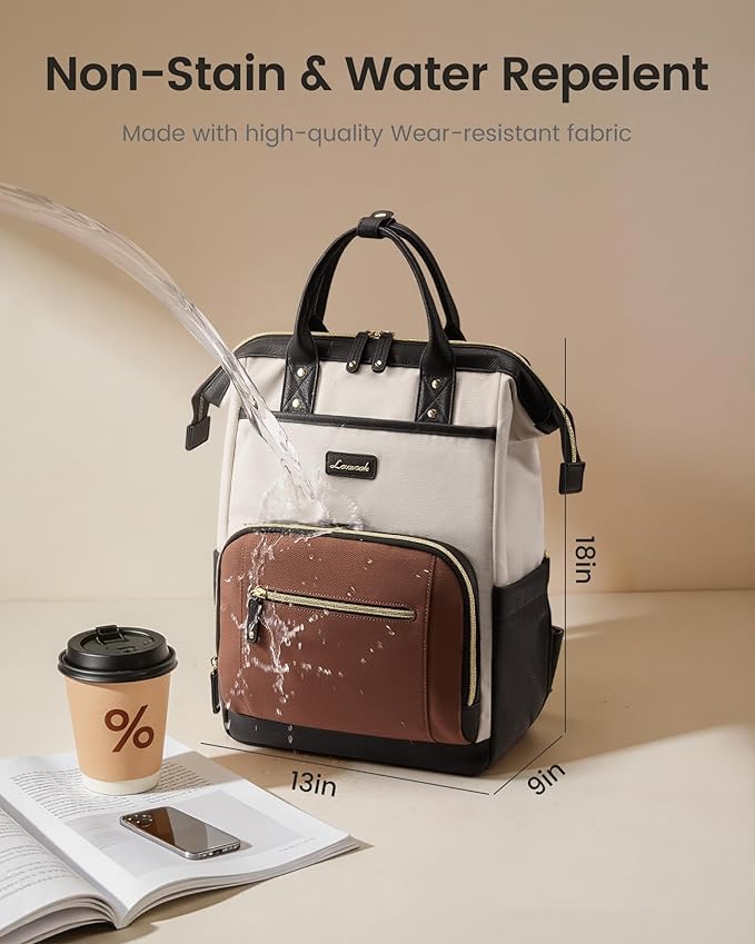 LOVEVOOK Laptop Backpack for Women with Giant Tumbler Holder,18 inch Professional Nurse Teacher Backpack Computer Laptop Bag,Cute Waterproof Travel Backpack Purse Work College Bag, Beige-Black-Brown