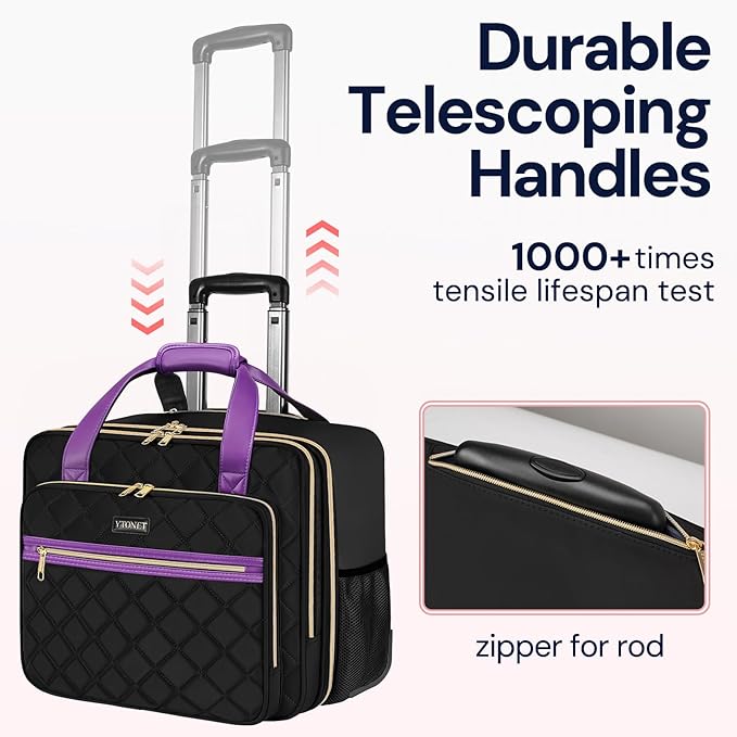 Ytonet Rolling Laptop Bag, 17.3 Inch Rolling Briefcase for Women, Water Resistant Computer Bag with Wheels for Work Travel College Business Overnight Wife Mom Teacher, Black Purple