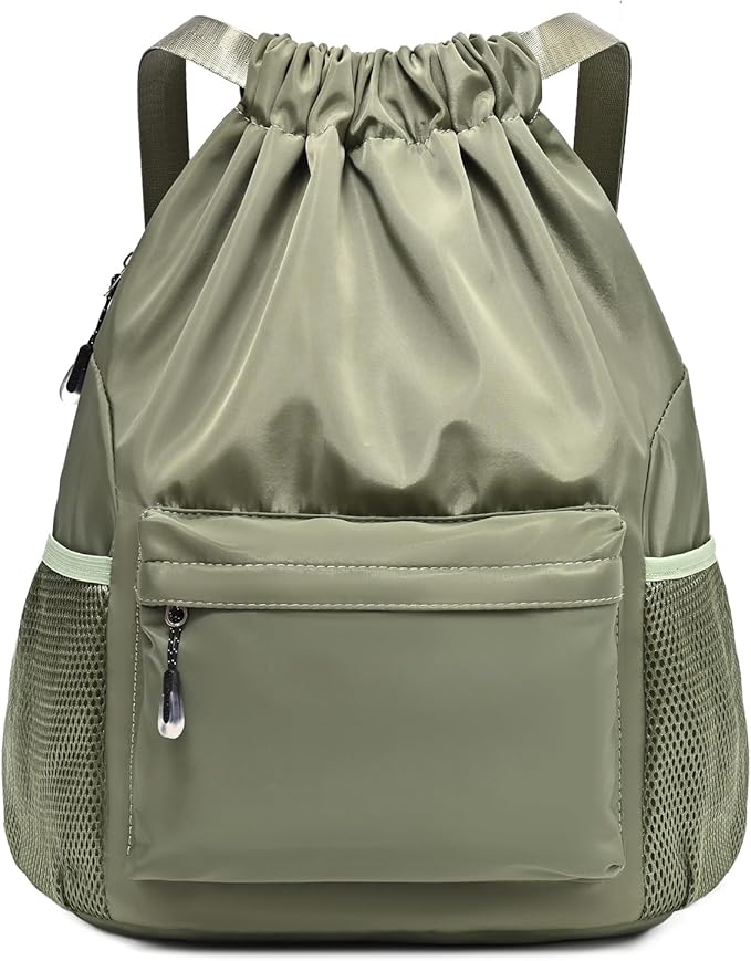 Green Drawstring Backpack for Women, Waterproof Drawstring Gym Bag for Men, Small Cinch Sack for Basketball, Pull String Sport Bag for Soccer.
