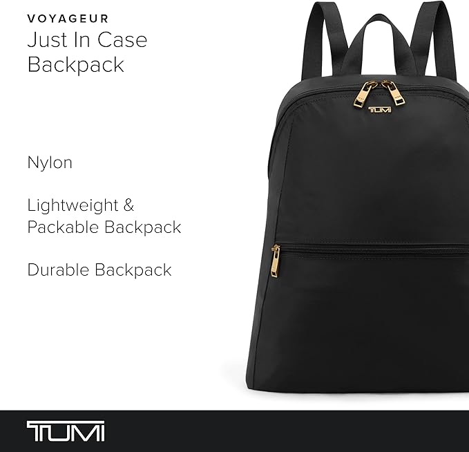 TUMI - Just In Case Foldable Backpack - Lightweight, Compact Travel Backpack - For One Bag Travel - 15.5" X 12.3" X 4.5" - Black with Gold Hardware