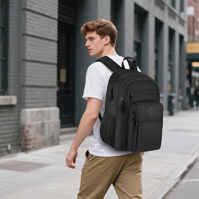 Unisex Black Backpack for School, Lightweight Boys Girls Backpack Fits 17.3 Inch Notebook, Water Bottle Pocket - Ideal for Teens, College Students, Adults