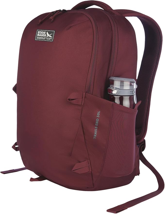 Eddie Bauer Trail Ends Backpack 28L | Laptop Sleeve | Everyday Carry | Travel | Work | Commuting | Stretch Side Pockets | Padded Shoulder Straps | Mesh Back - Black Cherry