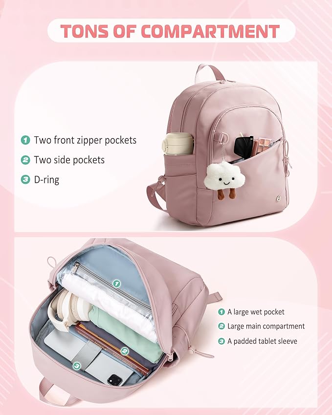 Women Mini Backpack with Wet Pocket and RFID Blocking Pocket, Small Backpack Purse for Gym, Work, College or Travel, Pink