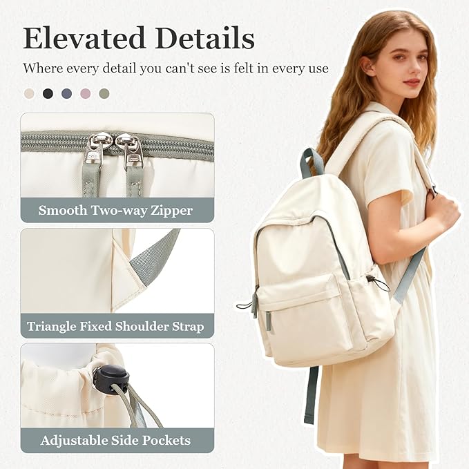 Cute School Backpack For Girls Boys Casual College Laptop Backpack Water Resistant High School Book Bag Lightweight Simple Daypack (Beige with Green)