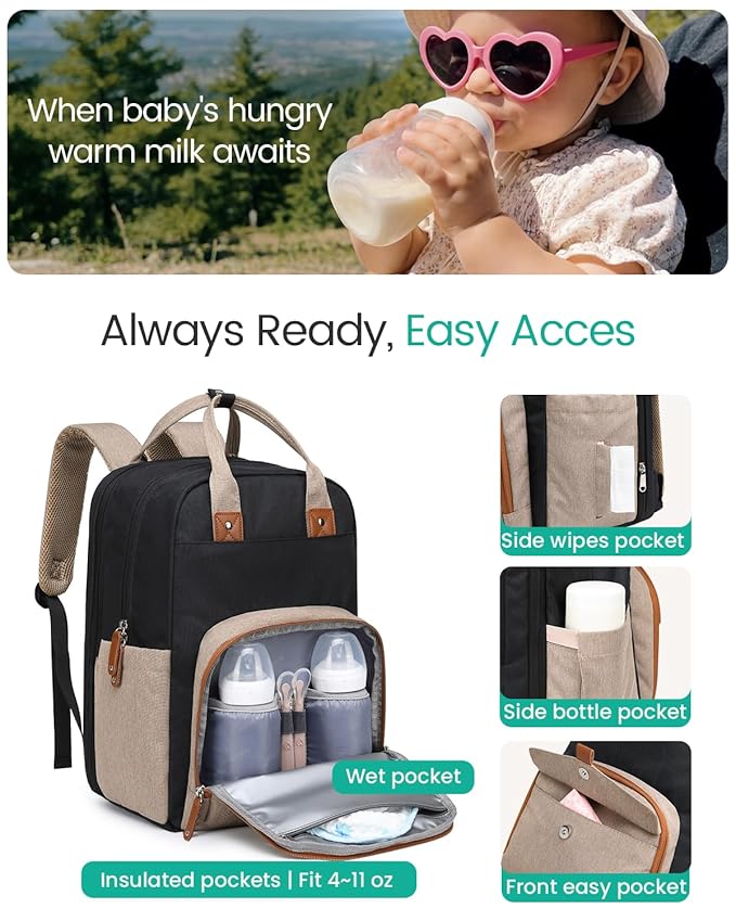 Extra Large Diaper Bag Backpack for Two Kids Twins - Expandable Baby Bag (26-36L), Dual Big Compartments - Includes Changing Pad & Stroller Straps, Unisex Black Khaki