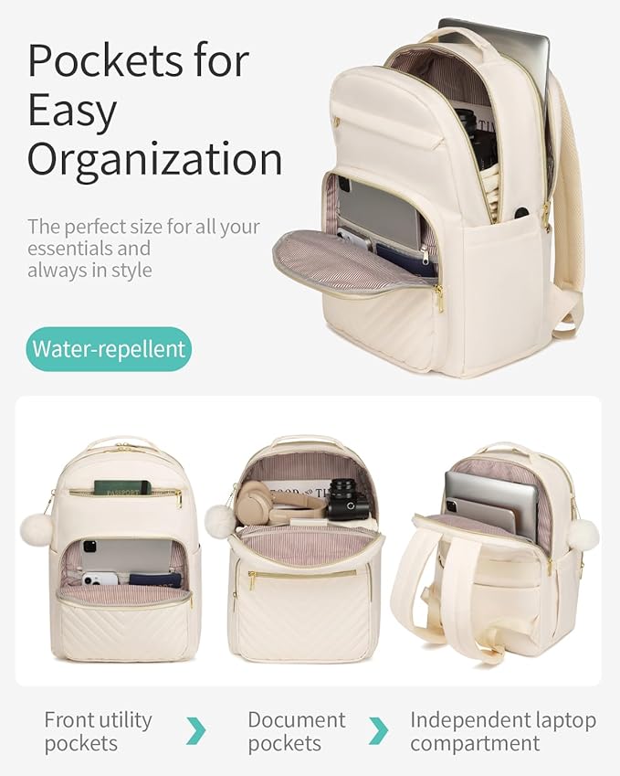 Laptop Backpack Women Bookbag, Teen Girls Backpack for Middle High School College Students, Teacher Work Bag Back Pack Travel, Beige