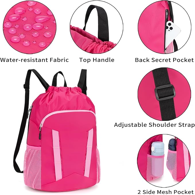 Drawstring Backpack for Kids Sports Gym Bag with Shoes Compartment, Water Resistant Beach Swim Bag String Backpack for Girls and Boys, Pink
