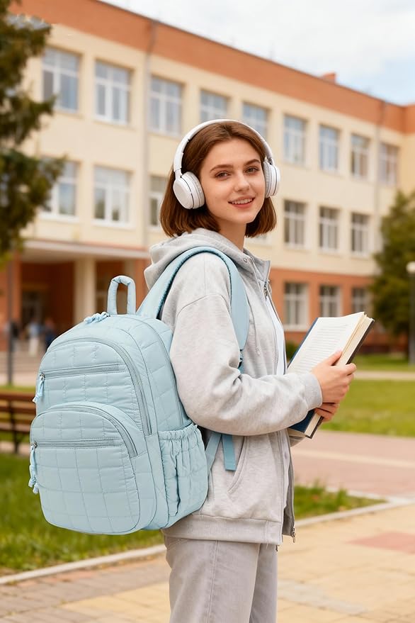 Bookbag for Women, Teen Girls Backpack for High School College Student, Puffer Quilted Back Pack Cute Laptop Backpack for Work Travel Mom Casual Daypack, Blue