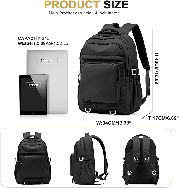 Cute Black Backpack for College Students Waterproof School Bag High School Backpacks for Teens Girls Boys Laptop Bookbag Casual Daypacks Backpacks for Women Men