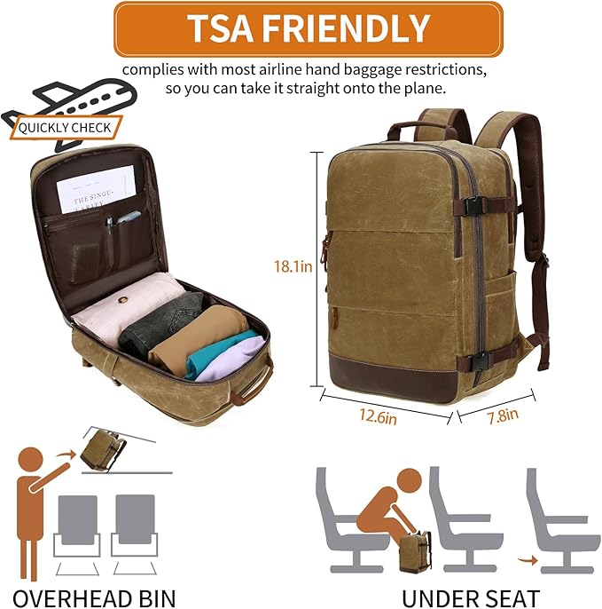 BOVIP Travel Backpack for Men Carry On Backpack Flight Approved Personal Item Backpack, 18.4 inch Laptop Backpack Casual Daypack Weekender Business Hiking Backpack, Brown