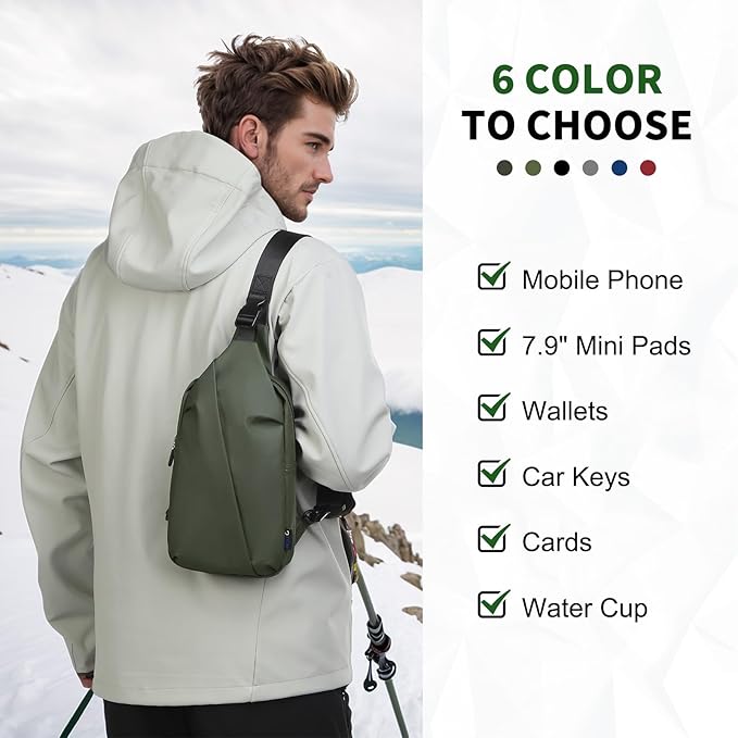 Small Sling Bag, Waterproof Nylon 7.9 Inch Crossbody Chest Bags Daypack Backpack with Anti-theft Pocket for Men Women (Dark Green)