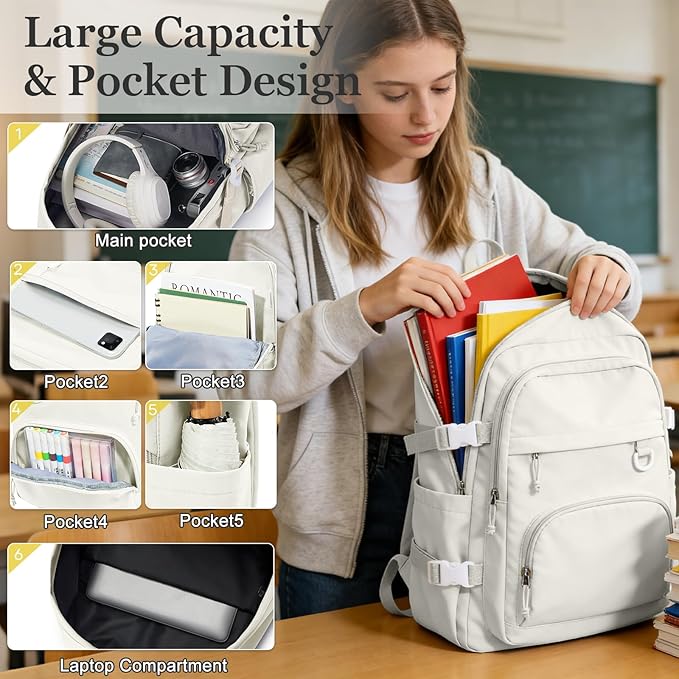 Lightweight College Backpack for Women Men Cute School Bag for Teens Girls Boys High School Backpack for Students Waterproof Casual Daypack Backpack（Beige）
