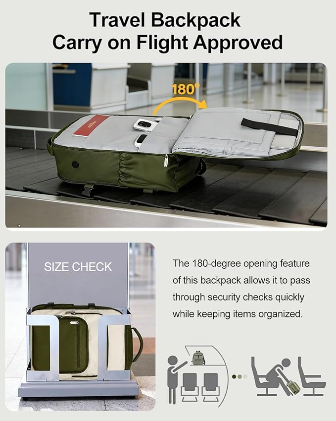 Travel Backpack for Women & Men, Large Carry On Personal Item Bag Airline Approved, Waterproof Traveling Overnight Bags, Gifts Laptop Backpack for Travelers College-Students Commuters (Green/Beige)