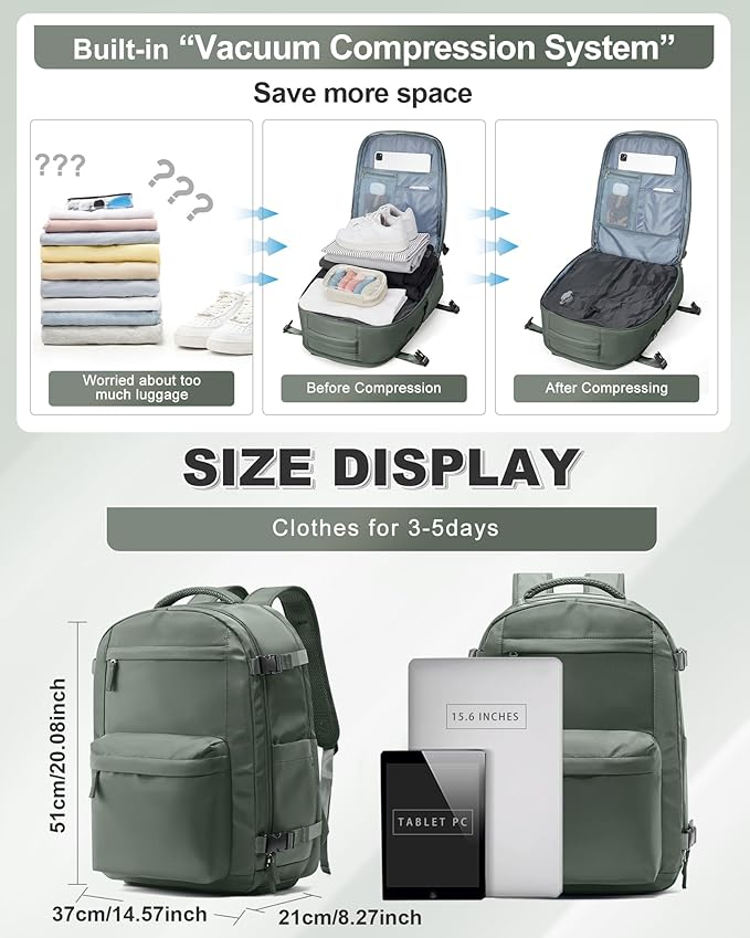 VGCUB Vacuum Backpack Travel with Electric Pump Vacpack System Storage Compression Laptop Work Business Waterproof College Weekender Bags Casual Daypack Backpacks for Women Men Green