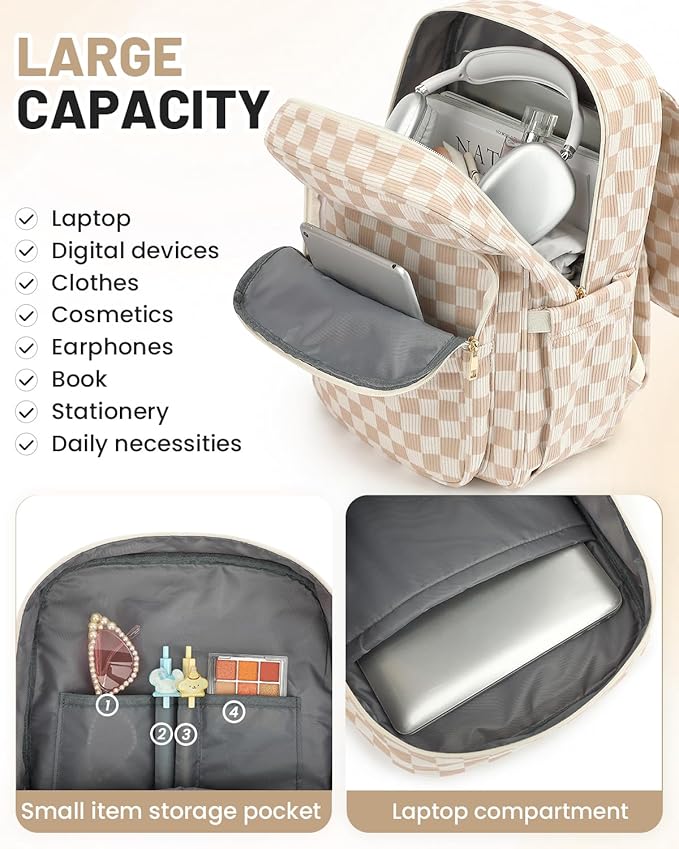 Corduroy Laptop Backpack for Women, Fits 15.6 Inch Computer Bag, College High School Bookbag Travel Daypack Purse, Work Business Bags - Corduroy Checkered Brown