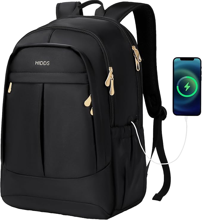 Travel Laptop Backpack for Women 15.6 Inch Computer Backpacks with USB Charging Hole Anti Theft Carry on Bag College Bookbag Large Black Back Pack for Work Business Traveling Commuter Daypack-Black