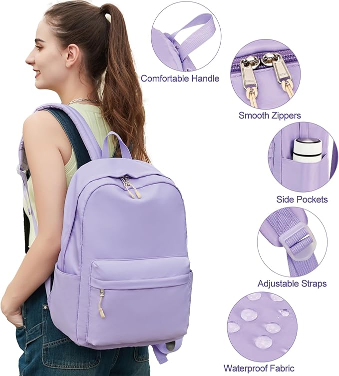 Kids Backpack for Girls School Backpacks College Bookbag Water Resistant Laptop Backpack with Lunch Bag and Pencil Bag, Purple