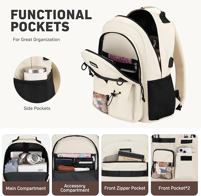 School Backpack for Women, 15.6 Inch Laptop Bookbag for Teen Girls Students College Backpacks with USB Charging Port for Business Work Travel Trip