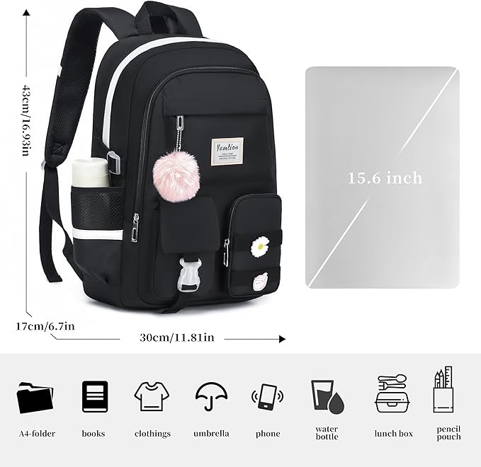 YAMTION School Backpack for Teen Girls,15.6in Laptop Backpack Kids Bookbag for Middle School College Students,Cute School Bag for Women,Black