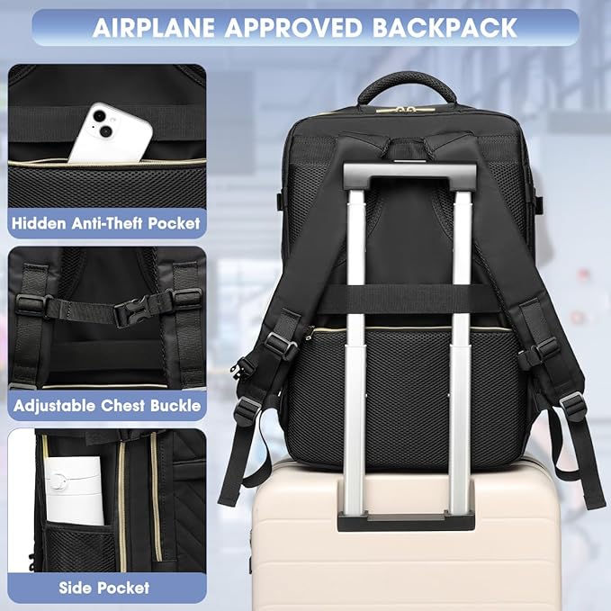 LUOCIP Large Carry On Travel Backpack - Flight Approved Waterproof Luggage Suitcase Backpacks Personal Item Size for Women Fit 17 Inch Laptop College Overnight Weekender Bag With 3 Packing Cube Black