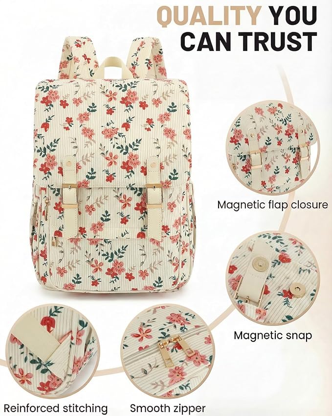 Corduroy Laptop Backpack for Women, Fits 15.6 Inch Computer Bag, College High School Bookbag Travel Daypack Purse, Work Business Bags - Beige Corduroy Flowers Pink