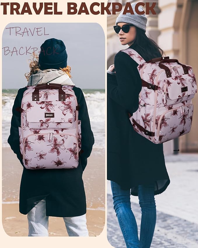 Travel Backpack for Women, Flight Approved Laptop Backpack Carry on Luggage for 17inch Laptop and Travel Essentials, Waterproof Personal item Travel Bag for Work Business Weekend Trip Overnight, Pink