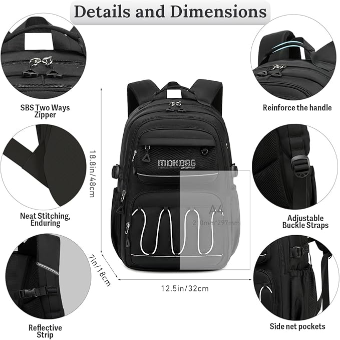 Cusangel Teen Girls Backpack for School,18in Black Travel Big Student Laptop Backpack For College,Large Capacity Bookbag Waterproof Daypack