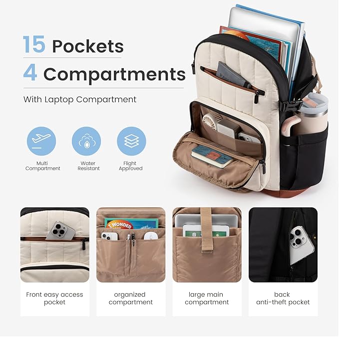 LOVEVOOK Laptop Backpack for Women with Giant Tumbler Holder Pocket,17 Inch Puffer Travel College Work Backpack Purse for Teacher Nurse,Casual Laptop Bag Computer Back Pack Daypack,White-Black-Brown