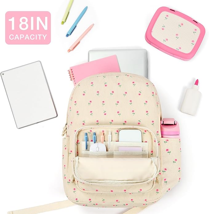 mibasies School Backpack for Girls with Laptop Sleeve: 18IN Large Capacity Corduroy Bookbag for Primary Middle School/College, Travel Daypack for Teens Women - Beige Rose