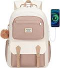 School Backpack for Teen Girls, Aesthetic Schoolbag for Middle School High School, Cute Laptop Bookbag for College Women Students Mochilas Niñas, Khaki Beige
