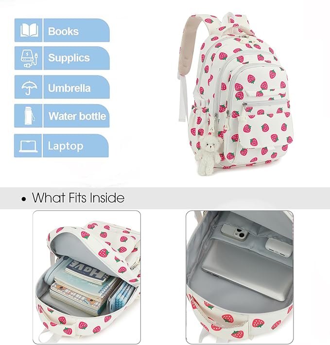 Girls Backpack for College High Middle School Student, Cute Aesthetic Bookbag for Teens Women with Accessories, Beige Strawberry