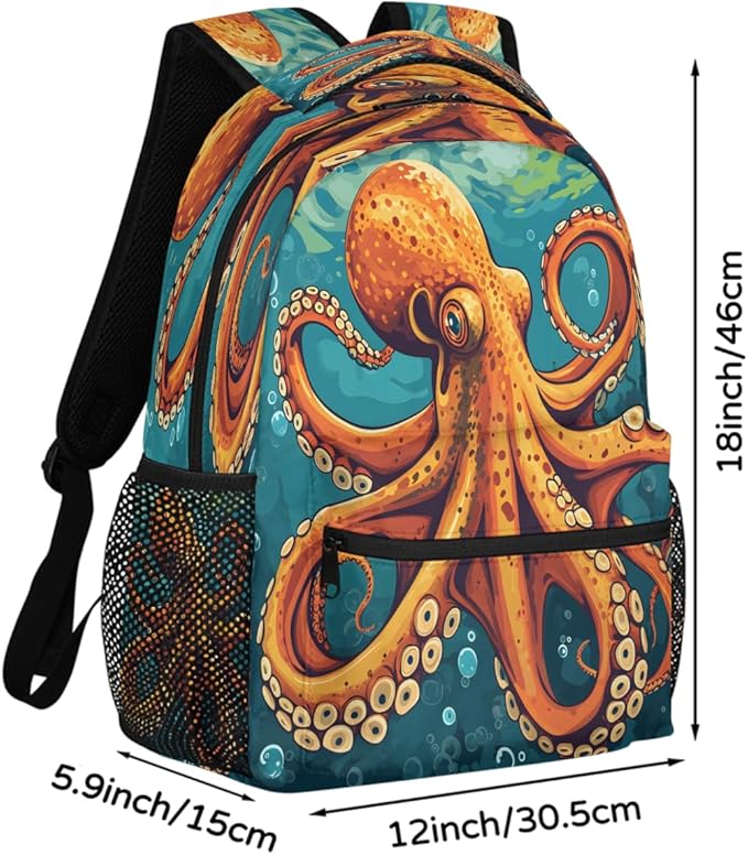 Pardick Retro Octopus Backpack for Kids Girls Boys Lightweight School College Students 18in Bookbag Large Capacity Computer Backpacks Laptop Rucksack Travel Gym Hiking Camping Daypack