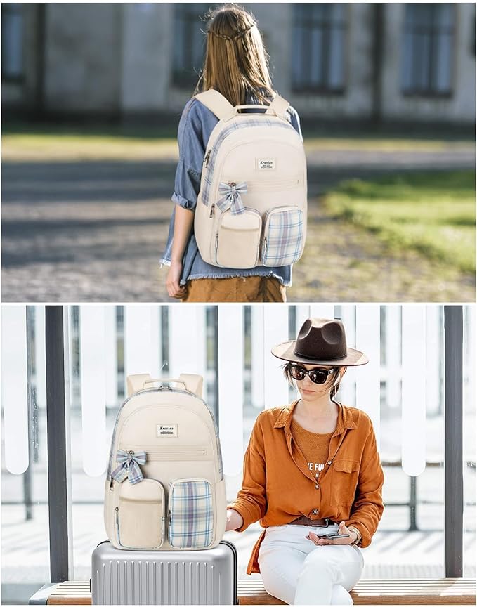School Backpack for Girls, Cute Kawaii Plaid Kids Bookbag Large 15.6 Inch Laptop Bag for Middle High School College Backpacks for Women Students Teenager, Beige