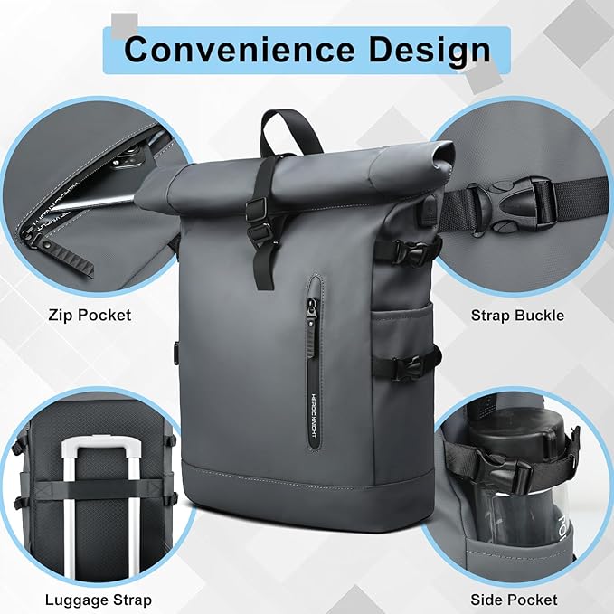 Rolltop Backpack for Men, Waterproof Travel Backpack with USB Charging Port, Large Capacity Adjustable18-27L Laptop Backpack for 15.6 Inch, Expandable Casual Daypack for Work Business College-Grey