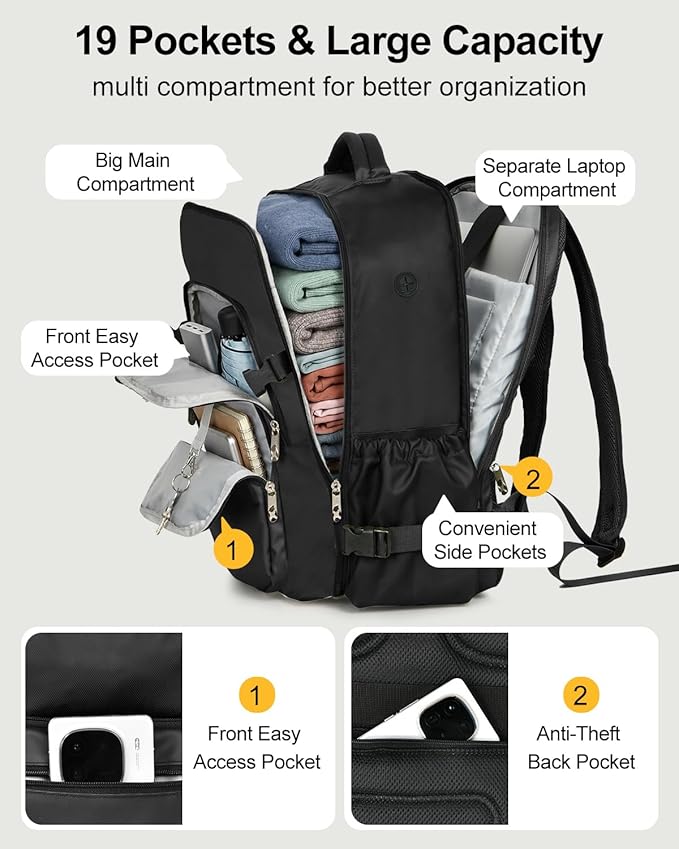 Travel Backpack for Women & Men, Large Carry On Personal Item Bag Airline Approved, Waterproof Traveling Overnight Bags, Gifts Laptop Backpack for Travelers College-Students Commuters (Black)