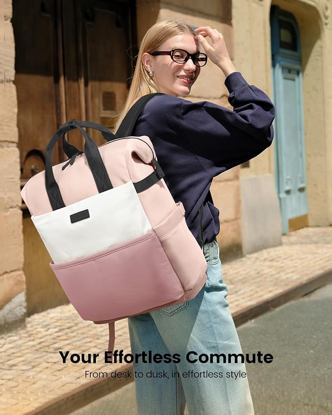 LOVEVOOK Laptop Backpack for Women, 15.6 Inch Work Travel Backpack Purse for School College Bookbag for Teen Girls Cute Computer Bag for Teacher Nurse Business, Pink-Beige