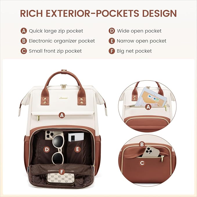 LOVEVOOK Leather Backpack for Women,17 inch Leather Laptop Backpack Women,Professional Work Backpack Nurse College Teacher Bag,Womens Laptop Tote Bag Computer Travel Backpack Purse,Beige White-Brown