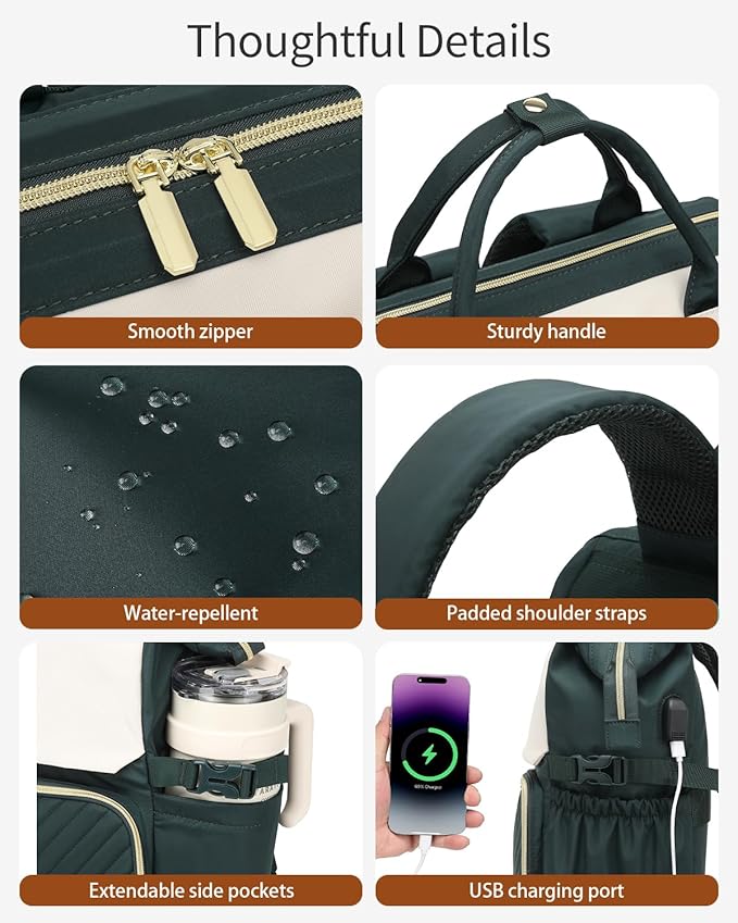 Computer Backpack for Women, Work Bag Laptop Bookbag with Cup Holder & USB Charger for Teacher Nurse College Travel Back Pack, Gifts, Beige DarkGreen