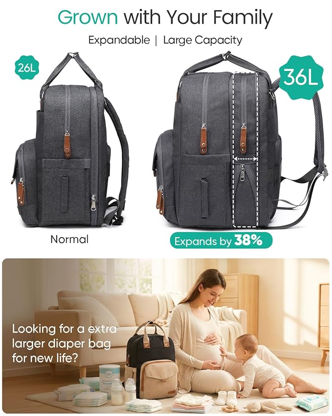 Extra Large Diaper Bag Backpack for Two Kids Twins - Expandable Baby Bag (26-36L), Dual Big Compartments - Includes Changing Pad & Stroller Straps, Unisex Dark Grey