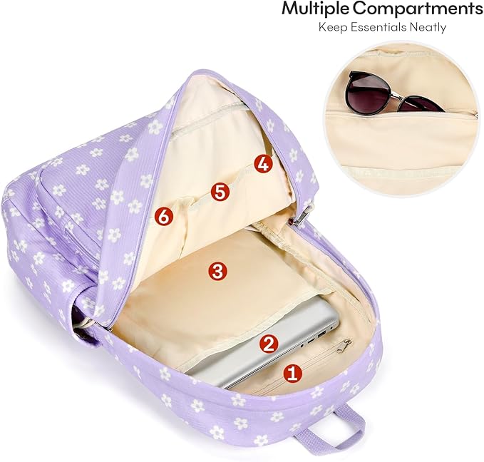 mibasies School Backpack for Girls with Laptop Sleeve: 18IN Large Capacity Corduroy Bookbag for Primary Middle School/College, Travel Daypack for Teens Women - Purple Flower